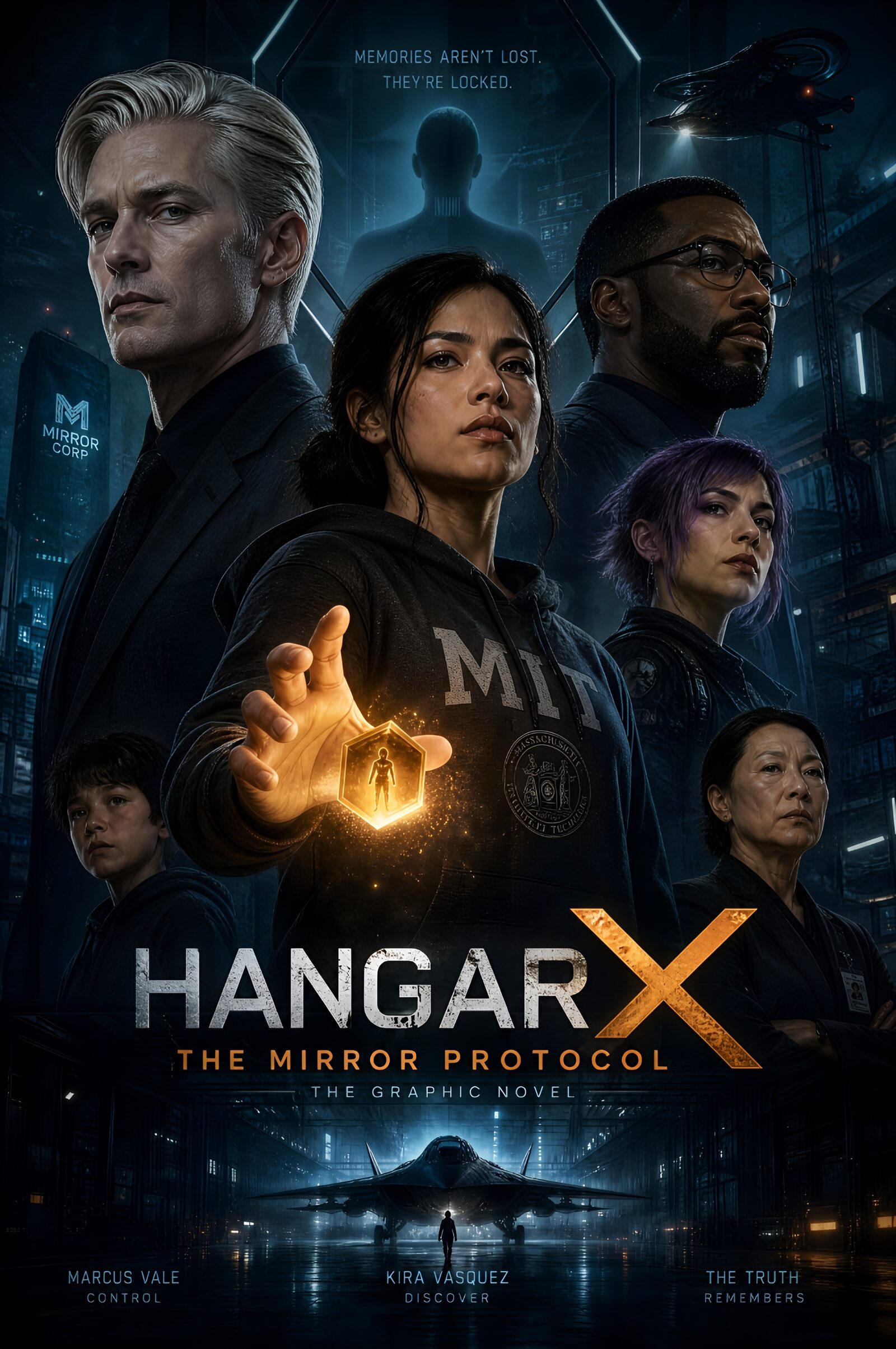 HANGAR X: The Mirror Protocol — graphic novel poster featuring Marcus Vale, Kira Vasquez, and the full cast
