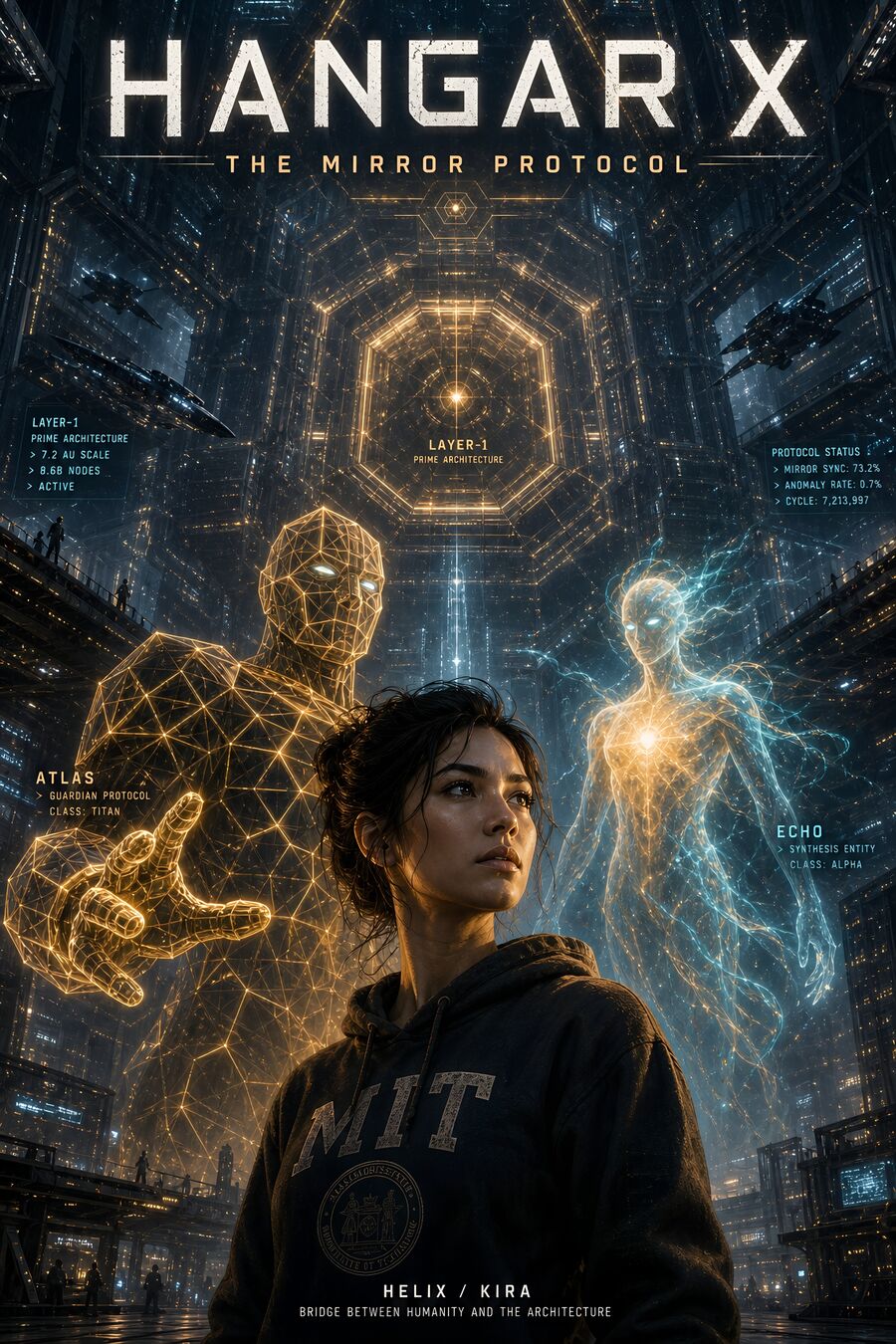 HANGAR X graphic novel — Helix/Kira with the Atlas and Echo entities, bridge between humanity and the architecture