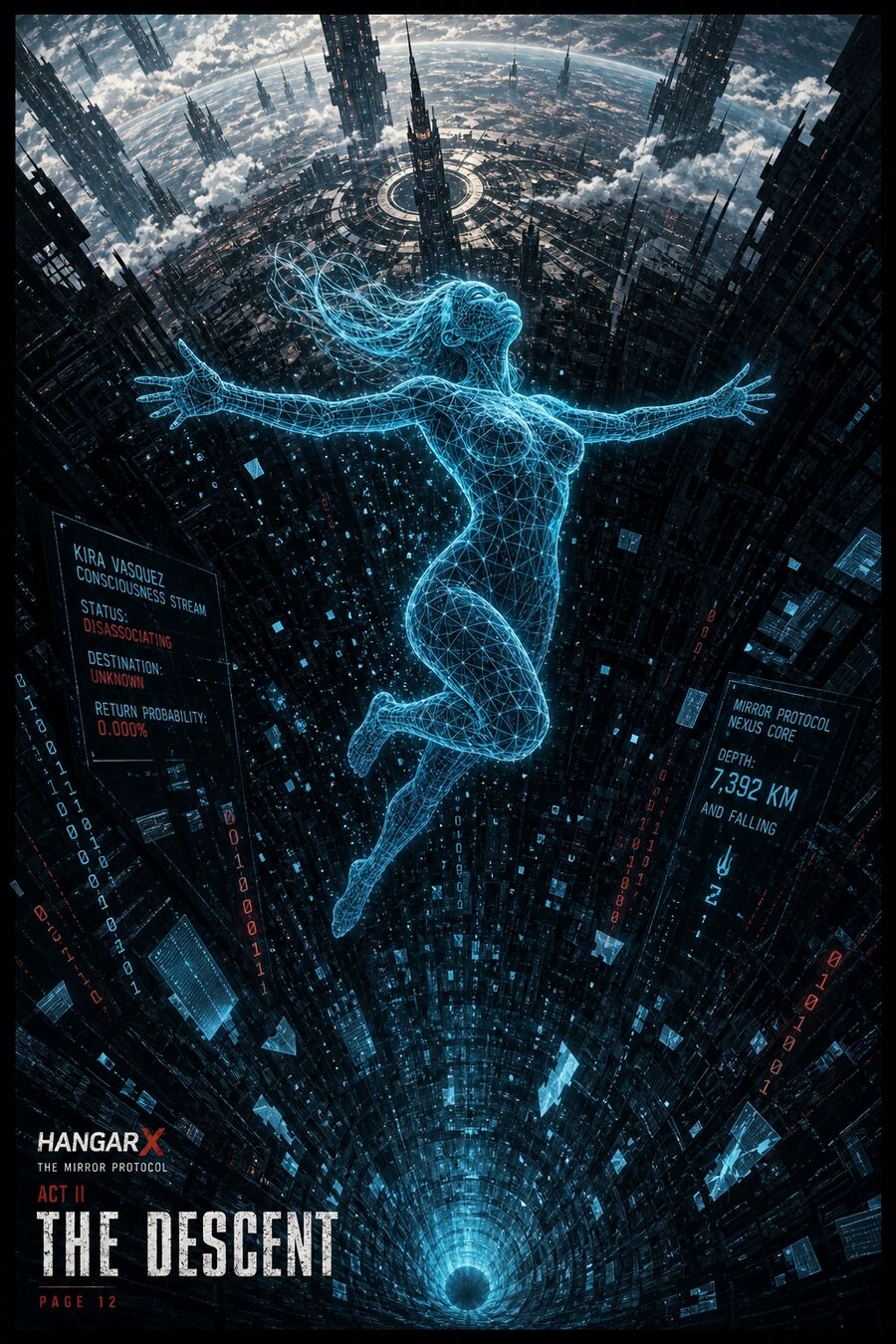 HANGAR X graphic novel — Act II: The Descent, Kira as wireframe consciousness falling through the Mirror Protocol